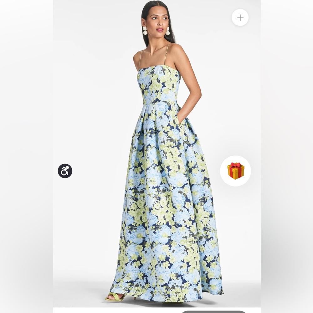 Sachin + Babi Blue and Light Green Floral Strapless Ball Gown